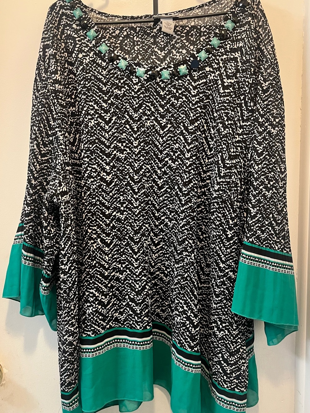 Catherines Black & Teal Patterned Tunic with Embellished Neckline